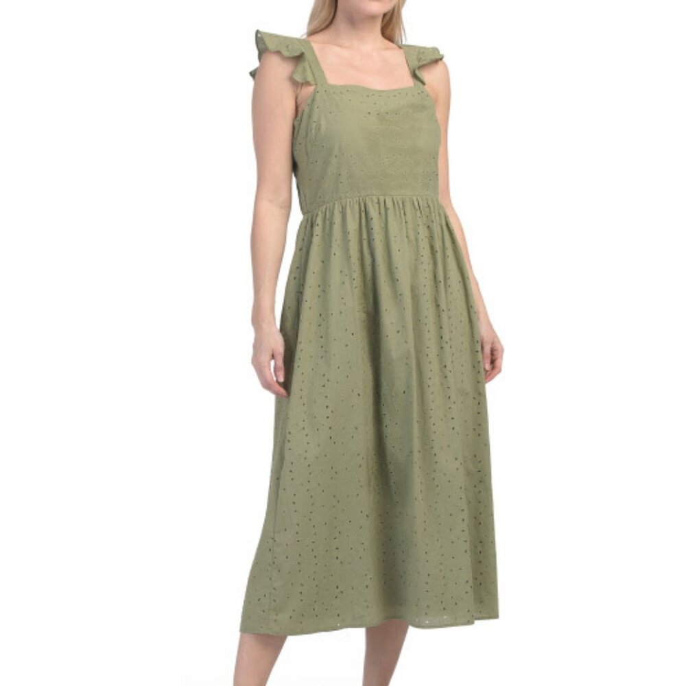 NWT Anne Klein 100% Cotton Sage Green Cottagecore Midi Dress Size 8